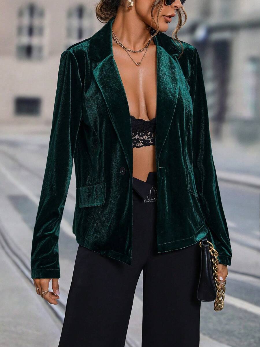 Chiquease Lapel Neck Single Button Velvet Blazer - Dark Green - View 1