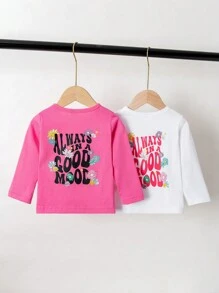 Baby Girls' Cool Printed Top With Text And Small Flowers Pattern, 2pcs/set - Multicolor - View 1