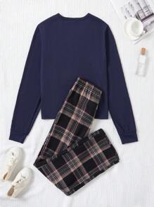Snug Zone 女士罗纹针织上衣和格子长裤睡衣套装，秋冬服装 - 寶藍色 - 查看 2