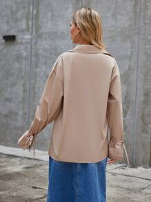 SHEIN Essnce Women's Solid Color Drop Shoulder Shirt - Khaki - View 2