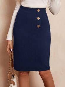 SHEIN Clasi Women's Button Decorated Skirt - Navy Blue - View 5