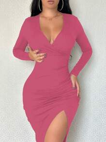 SHEIN SXY 女式修身褶高開衩洋裝 - 玫紅色 - 查看 3