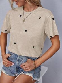 SHEIN LUNE Heart Print Round Neck Casual T-Shirt Graphic Tees Women Tops