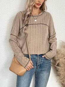 SHEIN LUNE Women's Two-tone Stitching Edge T-shirt - Khaki - View 5