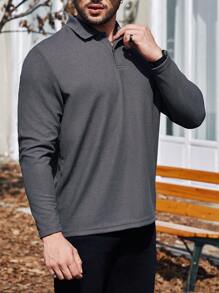 Manfinity Homme Men's Plus Size Long Sleeve Polo Shirt - Grey - View 4