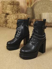 Botas cortas de mujeres de tacón alto con diseño de cadena impermeable plataforma moda - Negro - Ver 4