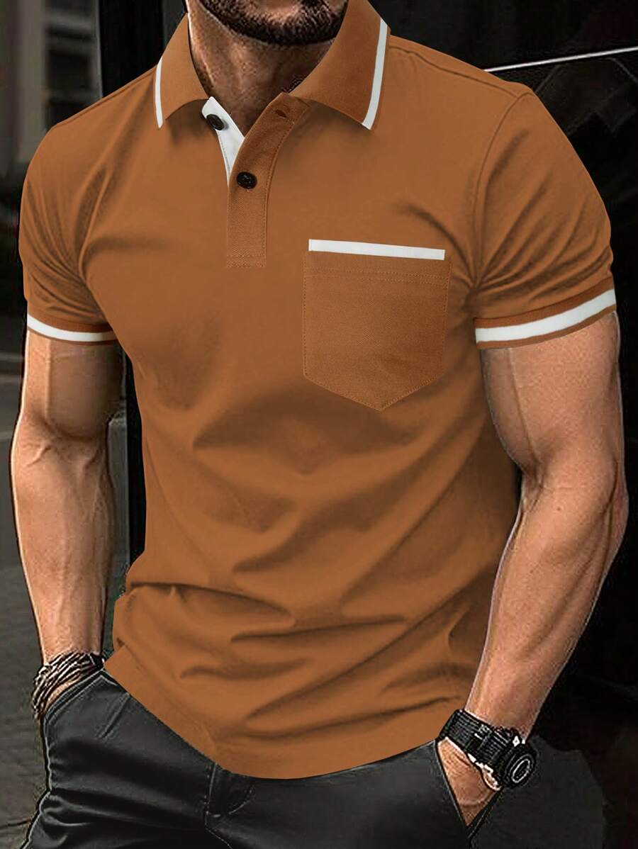 Manfinity Homme Polo Para Hombre Con Detalles En Colores Contrastantes - Marrón - Ver 1