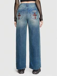 ROMWE Grunge Punk Straight Leg Denim Jeans With Cross Print - Blue - View 1