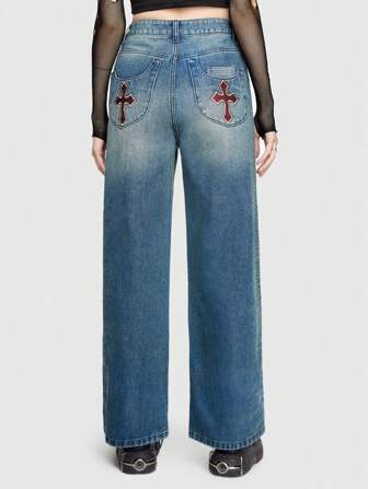 Grunge Punk Jeans In Denim A Gamba Dritta Con Stampa A Croce