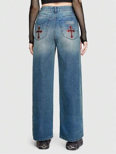 Grunge Punk Jean Droit En Denim Avec Impression Croix