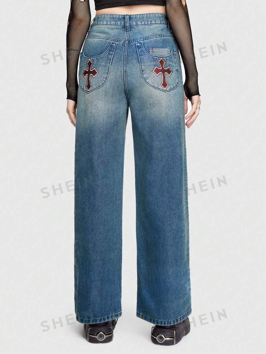 ROMWE Grunge Punk Vaqueros De Pierna Recta Con Estampado De Cruz - Azul - Ver 1