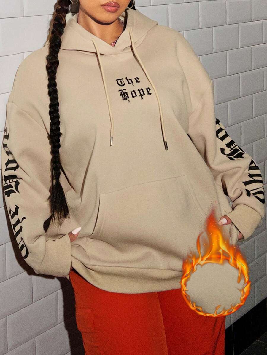 SHEIN EZwear Kích thước lớn Đơn giản Lá thư In Áo nỉ - Màu be - Xem 1