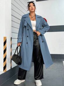 Flirla Plus Size Women's Casual Double Breasted Trench Coat With Suit Collar, Lapels, Side Pockets And Waist Belt - Dusty Blue - View 4