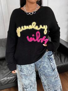 Flirla Pull ample en tricot avec imprimé lettres pour femmes grandes tailles, pull en tricot à épaules tombantes pour l'automne et l'hiver - Noir - Voir 5