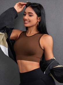 Easithlete Rib-Knit Short Sports Tank Top Gym Top Fitted Shirt - Brown - View 5