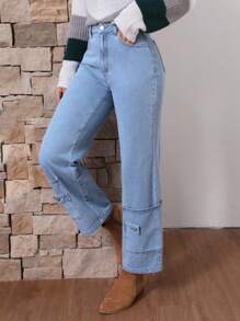 SHEIN LUNE Women's Denim Flared Pants - Blue - View 3