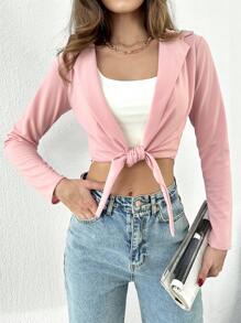 EURMUSE Lapel Neck Tie Front Crop Jacket - Pink - View 1