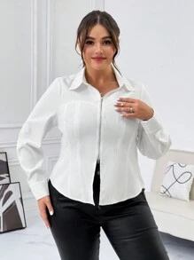 SHEIN Privé 女士加大尺寸拉鍊v領襯衫 - 白色 - 查看 3