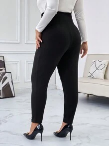 SHEIN Privé Pantalones Ajustados De Talla Grande Con Cintura Alta Y Cremallera De Botón - Negro - Ver 9