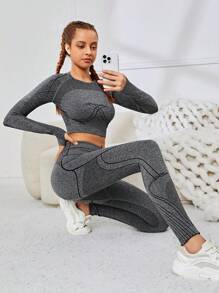 SHEIN Conjunto Deportivo De Camiseta Jacquard De Punto Sin Costuras Y Pantalones Largos Para Niña Adolescente