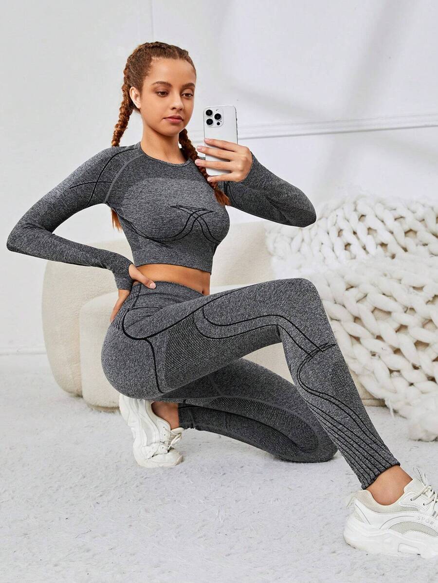 SHEIN Conjunto Deportivo De Camiseta Jacquard De Punto Sin Costuras Y Pantalones Largos Para Niña Adolescente