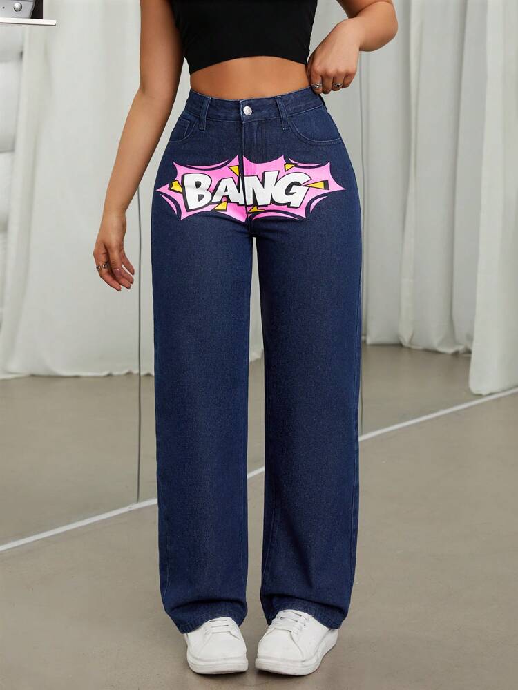 Text Print Straight Leg Jeans
