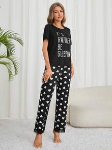 Women's Heart & Slogan Printed Pajama Set - Black - View 4