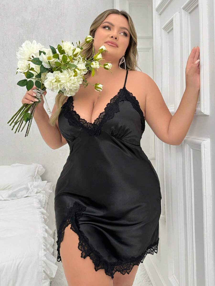 女士加大码蕾丝拼接侧开衩吊带睡衣睡裙 - 黑色 - 查看 1