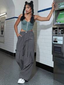 街頭風格束腰大口袋側邊寬腿休閒貨運褲 - 灰色 - 查看 5