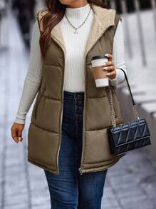SHEIN CURVE+ Plus Size Hooded Zipper Vest With Thermal Lined Padded Padded Coat Clothes Winter Thermal - Army Green - View 4
