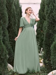Maternity Deep V-Neck Butterfly Sleeve Formal Party Elegant Dress - Green - View 3