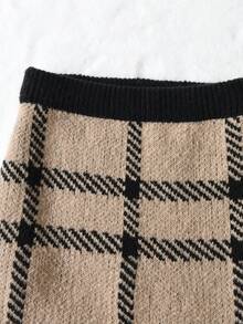 SHEIN 年輕女孩時尚優雅毛衣格紋毛衣和裙子套裝 - 卡其色 - 查看 7