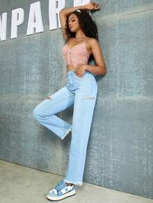 90 年代復古高腰破洞珍珠串珠裝飾鏤空毛邊直筒牛仔褲 - 藍色 - 查看 3