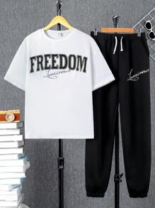 SHEIN Conjunto De Blusa Casual Solta De Manga Curta E Calças Compridas Para Meninos Adolescentes Com Padrão De Letras Em Inglês