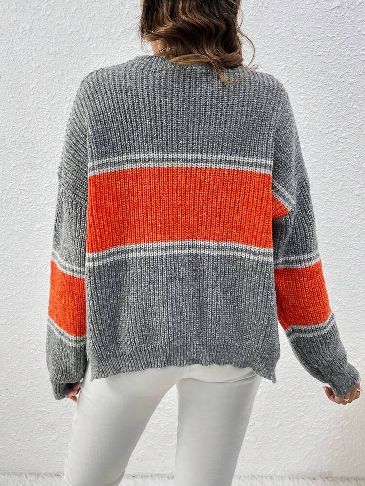 Women's Color-Block Drop-Shoulder Knit Pullover Fall Winter Sweater