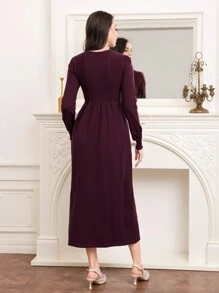 Modelyn Váy len tay đèn lồng cổ chữ V màu đỏ tía cho nữ - Màu Đỏ Sâu - Xem 2