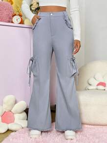 SHEIN EZwear Pantalones Acampanados Con Detalle De Lazo, Bolsillo Lateral Y Ribete Con Volantes