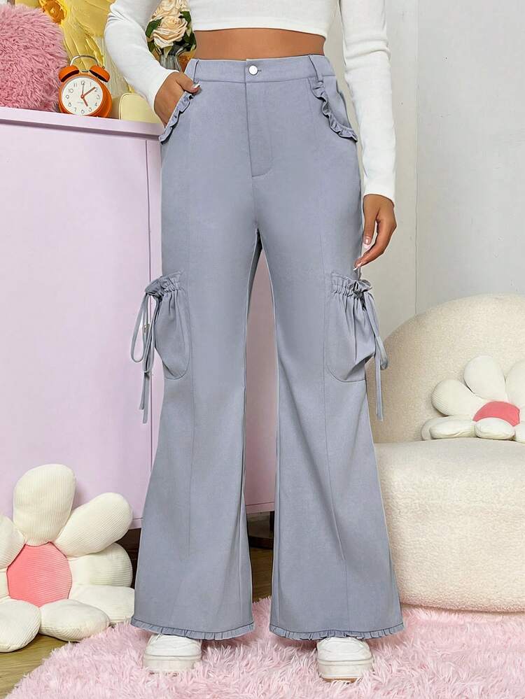 Tie-knot Pocket Side Ruffle Trim Flared Pants