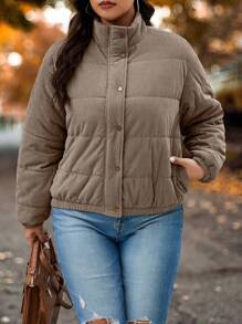 Calvaya 女士加大码休闲拉链侧袋前高领弹力袖口灯芯绒长袖夹克棉服冬季外套，浅棕色 - 卡其色 - 查看 4