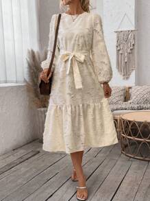 SHEIN LUNE 女士空心花朵燈籠袖裙 - 杏色 - 查看 1