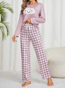 Ladies' Pajama Set With Smiling Cloud & Plaid Pattern - Dusty Purple - View 4