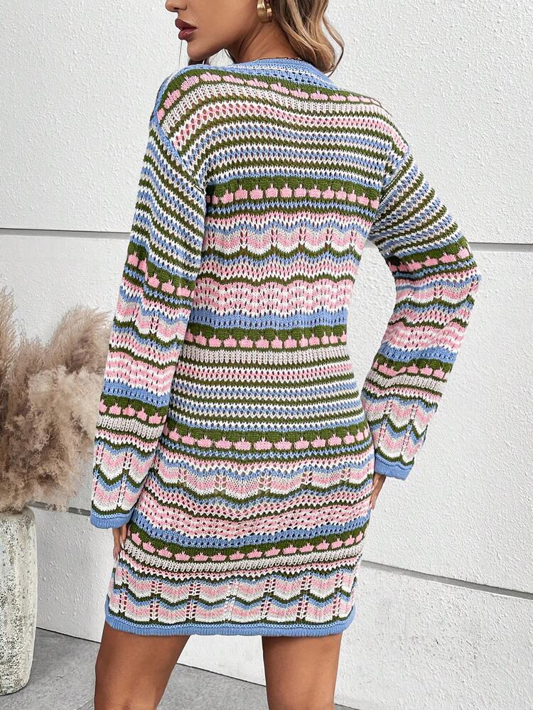 Eyelet Knit Striped Sweater Dress