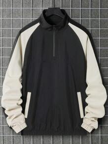 Manfinity Homme 宽松男士立领插肩袖夹克，前拉链设计，适合外出朋友穿着的长袖拼色棒球轻便户外风衣，适合送给朋友、丈夫、男朋友的礼物，男士半拉链套头衫 - 深灰色 - 查看 1