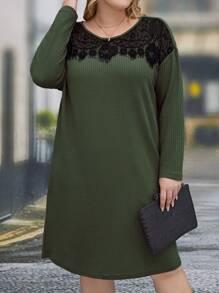 EMERY ROSE Plus Size Patchwork Lace Loose Casual Dress - Army Green - View 3