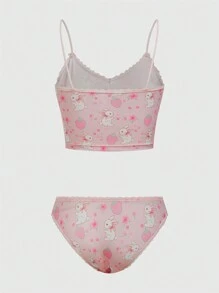 ROMWE Women's Cartoon Rabbit & Strawberry Print Patchwork Lace Lingerie Set, Kawaii - Multicolor - View 2