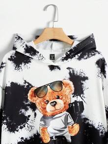 SHEIN EZwear 女士加大码扎染小熊印花卫衣 - 黑與白 - 查看 4