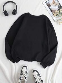 SHEIN Unity Sculpture And Text Pattern Crew Neck Casual Sweatshirt - Black - View 2