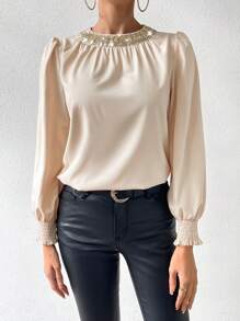 SHEIN Essnce Của phụ nữ Kim sa Vá lại Tròn Đường viền cổ áo Shirred Cuff Áo sơ mi - Màu be - Xem 6