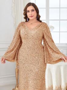 Plus Size V-Neck Long Sleeve Sequined Formal Dress Elegant Prom Evening Wedding Guest Gown, For Graduation, Dinner - Champagne - View 3