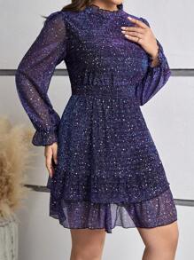 SHEIN Frenchy Women's Plus Size Lantern Sleeve Polka Dot Printed Dress - Blue - View 4